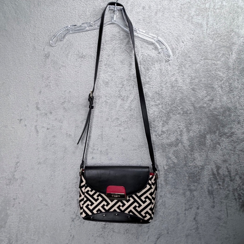 Spartina 449 Crossbody Bag Women Medium Black White Geometric Linen Leather Flap